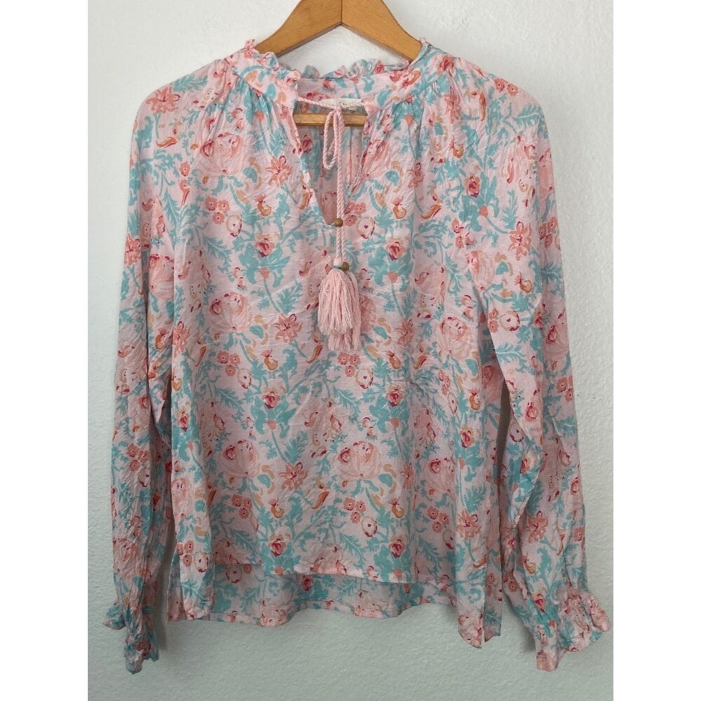 Roller Rabbit Floral Boho Peasant Blouse Womens Small Tassel Tie Lightweight